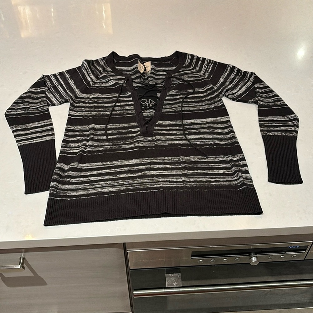 Chaser Lace Up Linen Stripe Sweater NWT Sz S